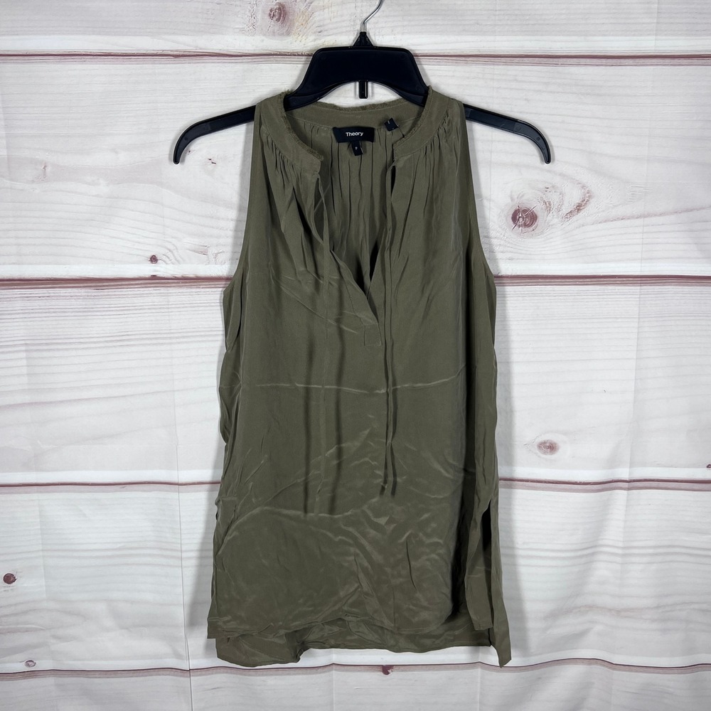 Theory Top Womens P XS Green Livilla Summer Silk Sleeveless Tie Neck Blouse